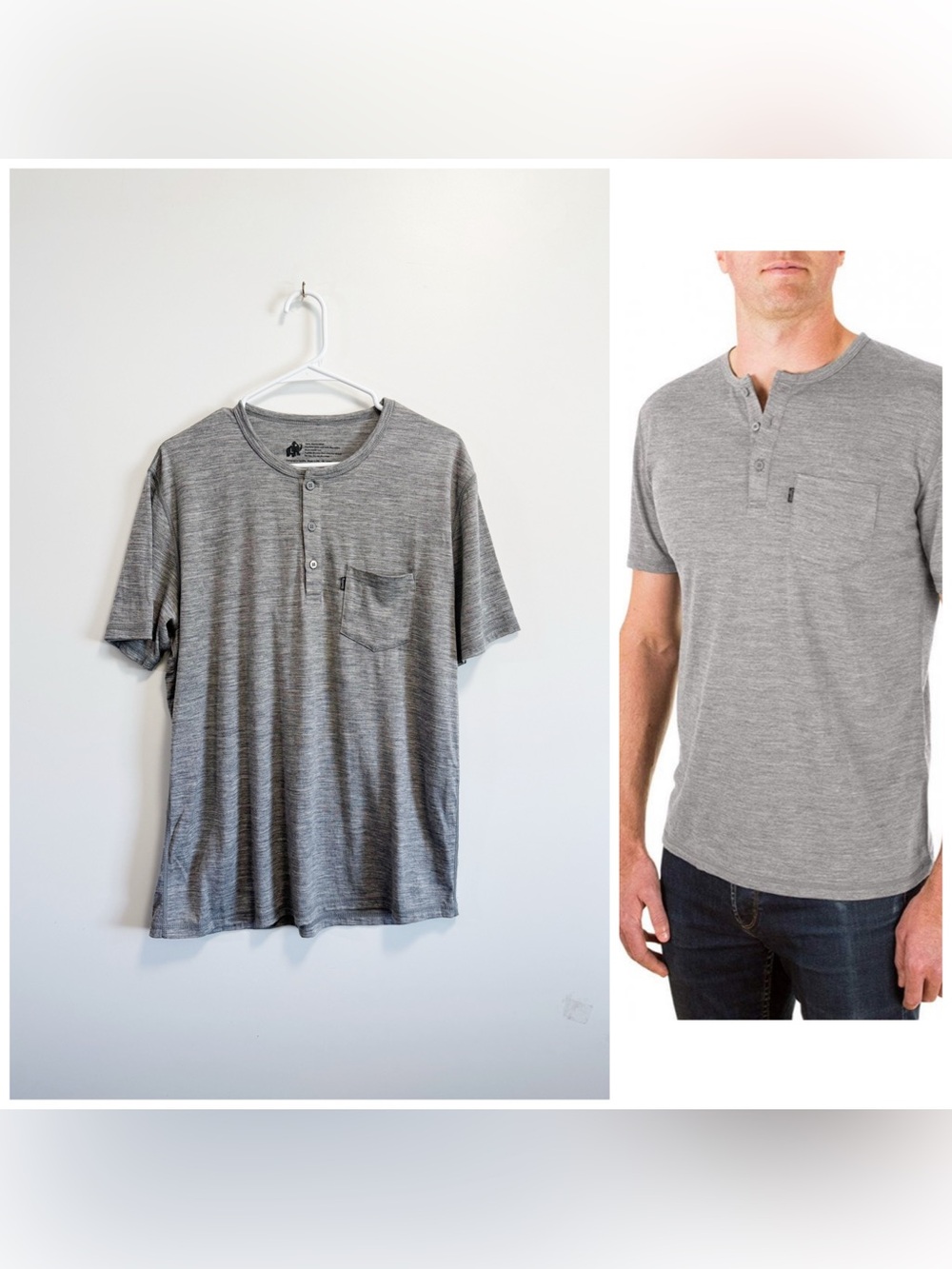 WOOLLY Everyday Henley Merino Wool Short Sleeve Shirt Pocket L Large Men’s Gray
